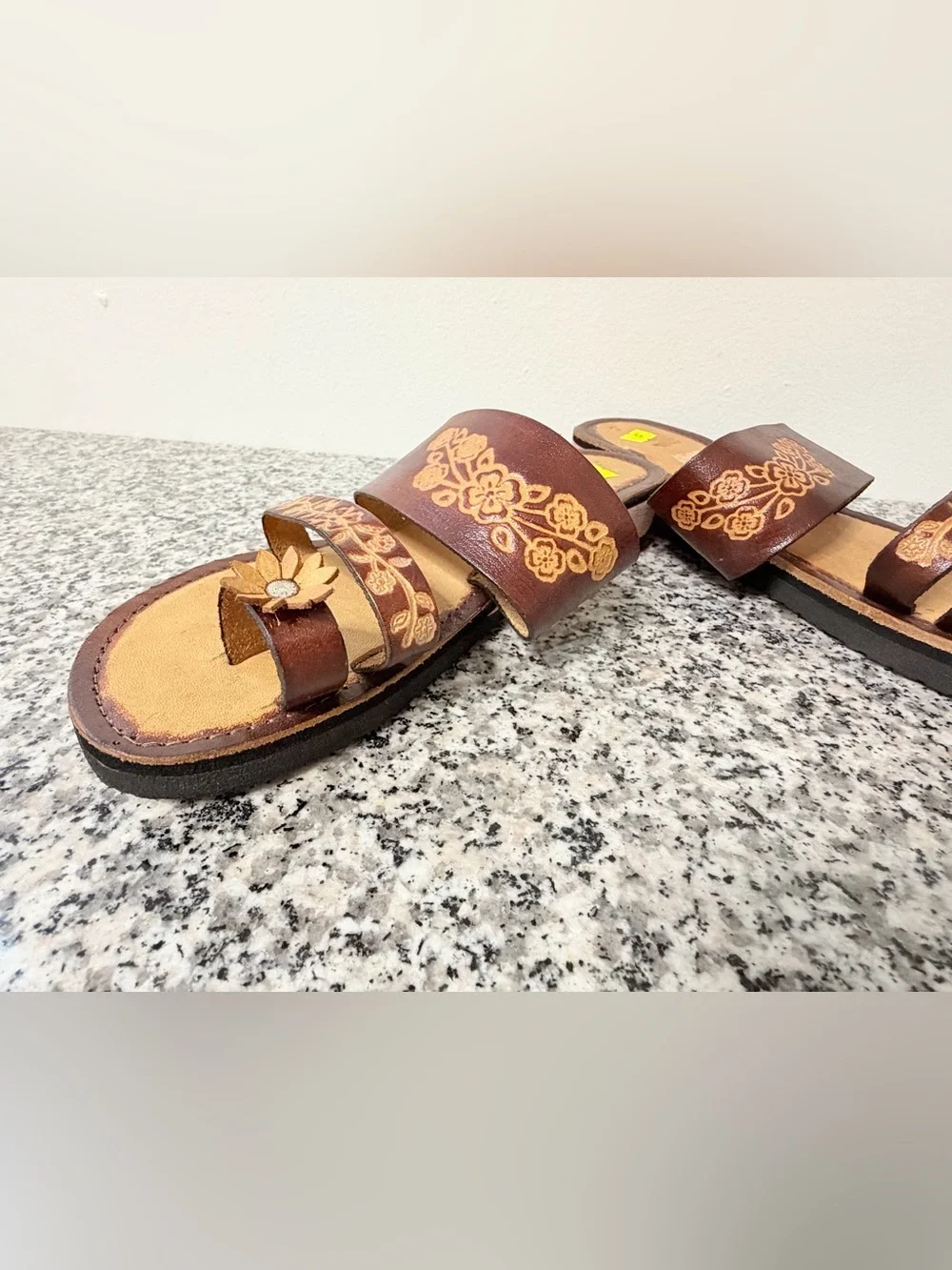 Women’s Brown Floral Leather Slide Sandals mexico sz 5 US sz 8 - Picture 7 of 9